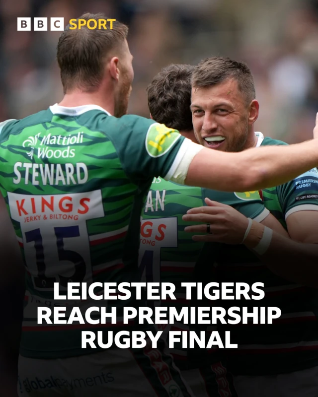 Graphic with Leicester players celebrating