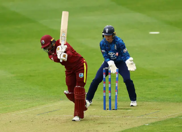 West Indies' Shabika Gajnabi is bowled out by England's Sarah Glenn