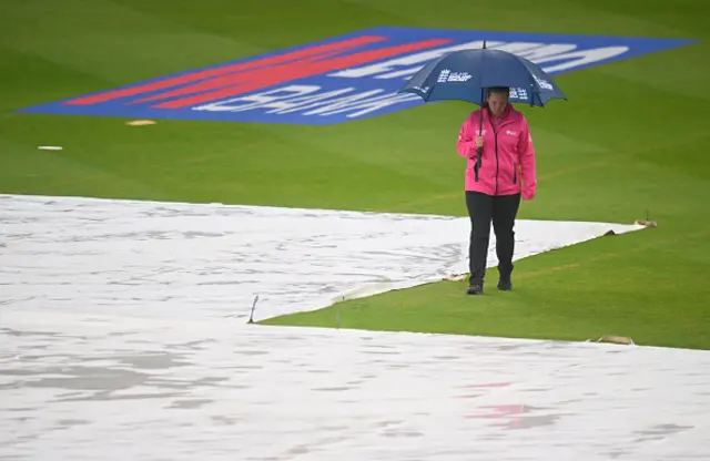 Umpire Claire Polosak inspects the pitch