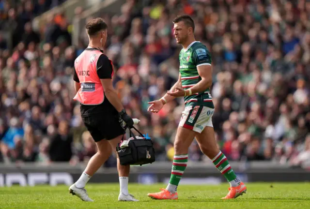 Leicester Tigers' Handre Pollard reacts after being taken off for a head injury assessment