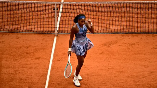 Coco Gauff reacts after a point