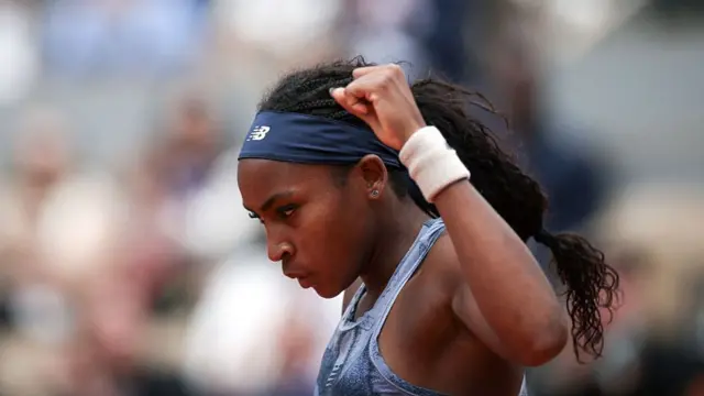 Coco Gauff reacts after a point