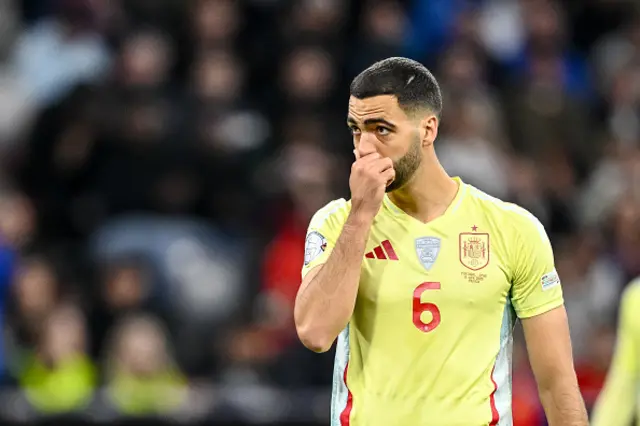 Mikel Merino of Spain gestures looks dejected