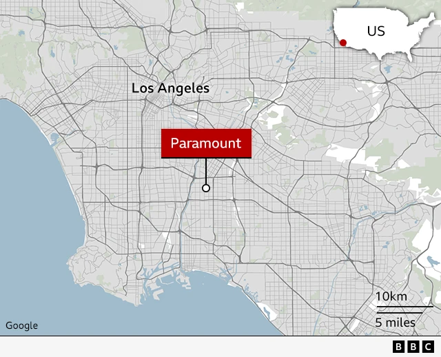 Digital map showing the location of Paramount within LA county