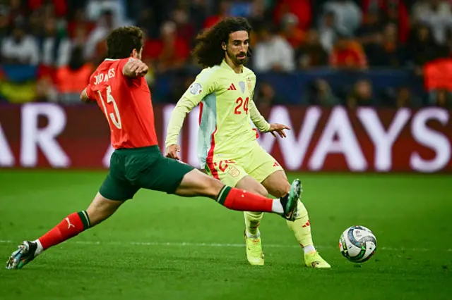 Joao Neves (L) and Spain's defender Marc Cucurella vie for the ball