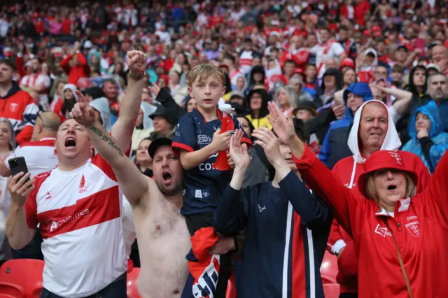 Hull Kingston Rovers celebrate in the stands during the Challenge Cup Final at Wembley Stadium, London