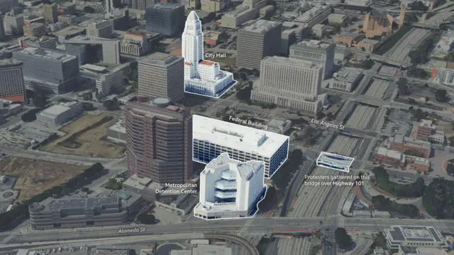 Graphic showing City Hall, Federal Building and the Metropolitan Detention Centre as key sites of LA protests against ICE's immigration crackdown