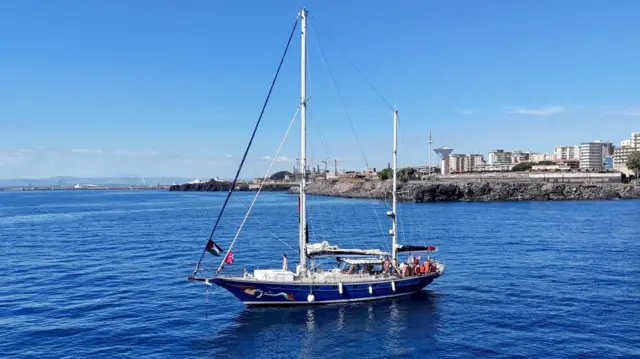 A drone view shows the Gaza-bound aid ship Madleen off the coast of Italy