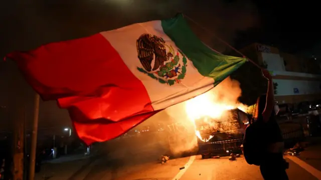 A protester waves a Mexican flag. the protester is silhouetted against a fire that appears to be burning on a stack of concrete blocks.
