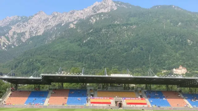 A view of the Alps behind the Rheinpark Stadium
