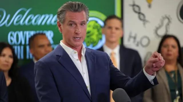 California Governor Gavin Newsom speaks at the Clinton Elementary School in Compton, California on 5 June 2025
