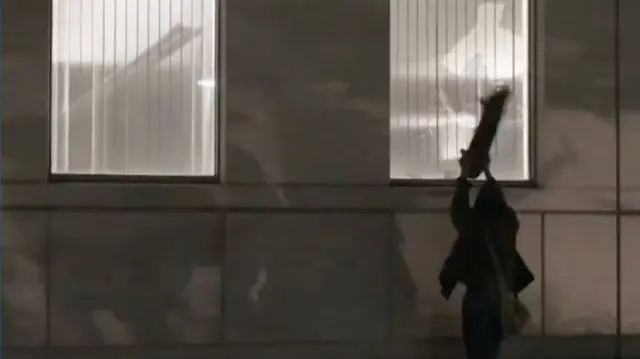A person can be seen taking a skateboard to smash the windows of a building in downtown LA