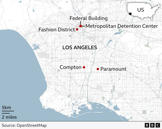 A map highlighting Compton, Paramounr and the Fashion District in LA.