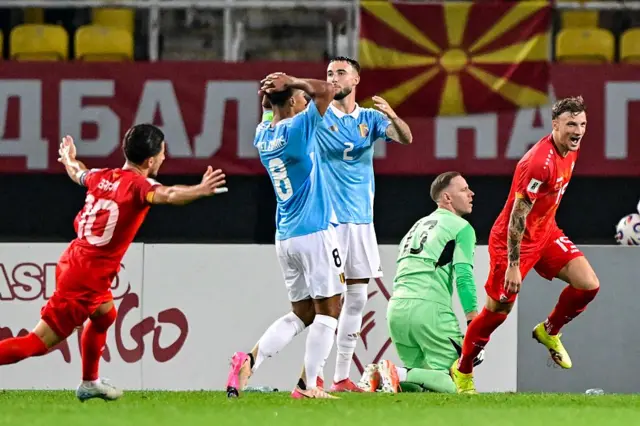 Belgium's Youri Tielemans and Belgium's Zeno Debast react as North Macedonia score