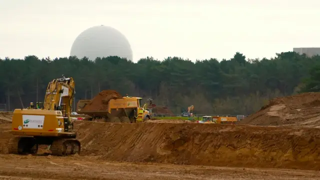 Diggers and trucks are moving soil, behind them is a row of trees and the white Sizewell B dome.