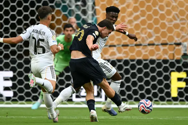 Kenan Yildiz gets a shot away for Juventus