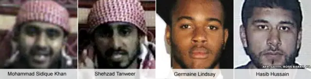 Composite image featuring photos of Mohammad Sidique Khan, Shehzad Tanweer, Germaine Lindsay and Hasib Hussain