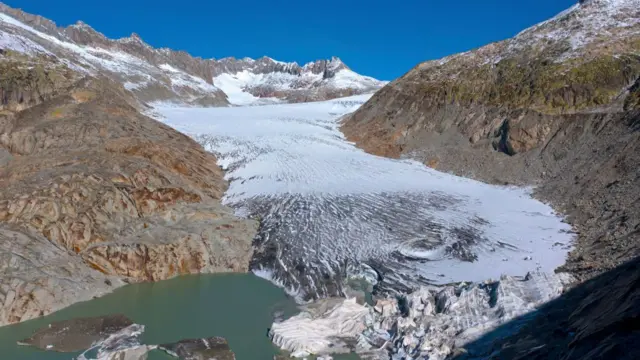 Rhone Glacier with glacier lake, Gletsch, Urner Alps, Valais, Switzerland.