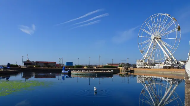 Sun shines down on a large ferris wheel which is overlooking a lake that is blue and reflecting a sun, small bird sits on the water.
