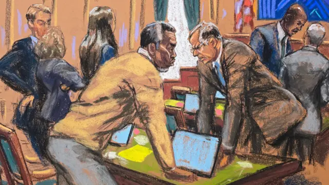 A court sketch showing Sean "Diddy" Combs and his attorney Marc Agnifilo discuss with other defence lawyers on how to respond to a new note sent by jurors, during Combs' sex trafficking trial in New York