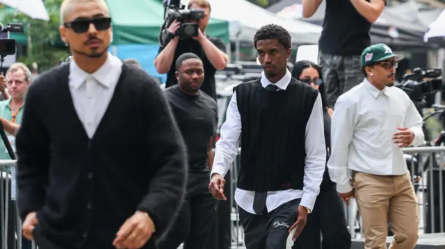 Quincy Brown, Christian "King" Combs and Justin Combs, Sean "Diddy" Combs' sons, arrive at aU.S. federal court for their father's sex trafficking and racketeering conspiracy trial