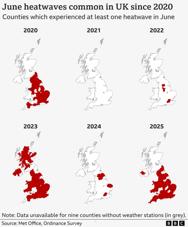Graph showing six maps of Britain denoting number of heatwaves in June - most heatwaves in 2023, followed by 2025.