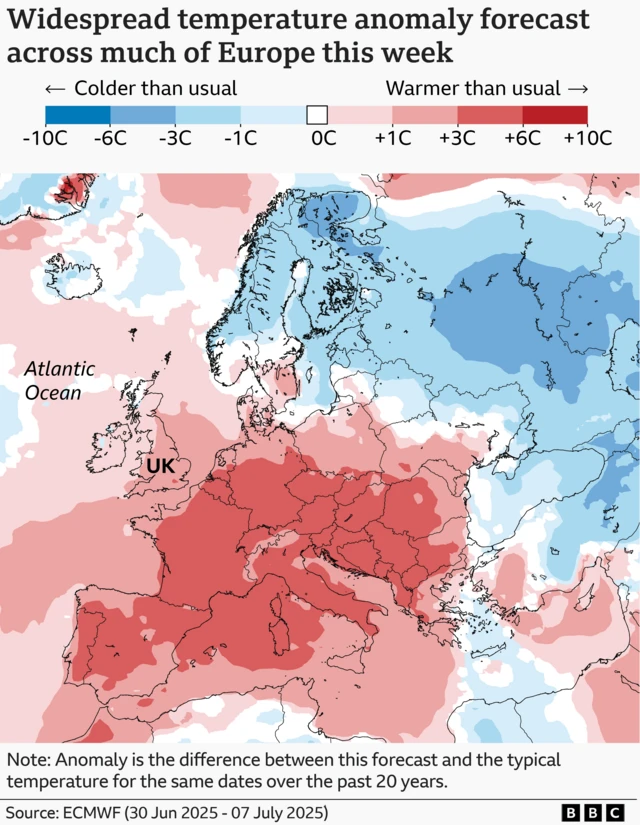 Graphic showing temperature anomaly forecast across Europe.