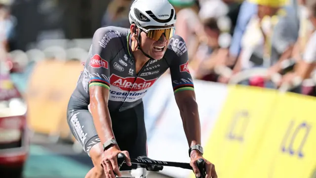 Mathieu van der Poel looking exhausted at the end of stage six of the 2025 Tour de France