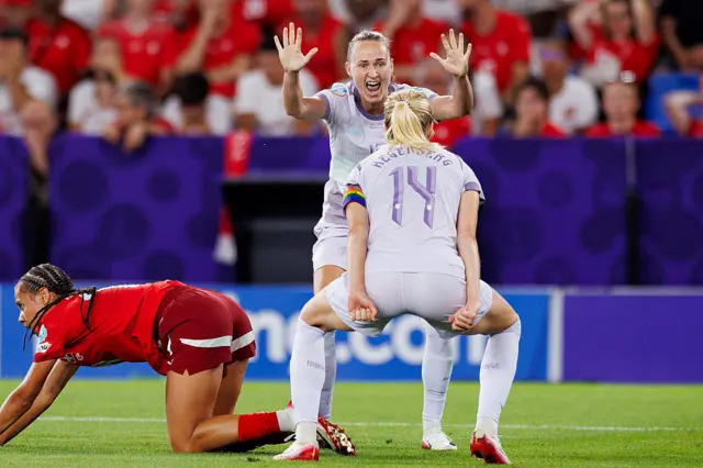 Hegerberg and Graham Hansen celebrate the goal v Switzerland