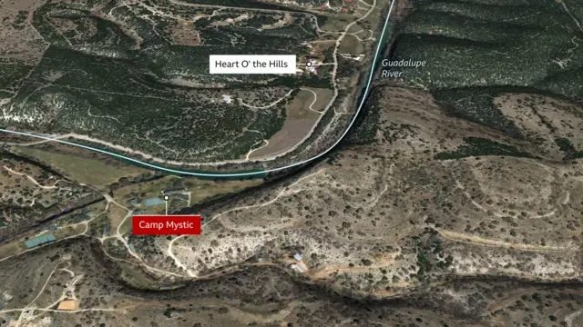 A map showing the location of Camp Mystic along the Guadalupe River