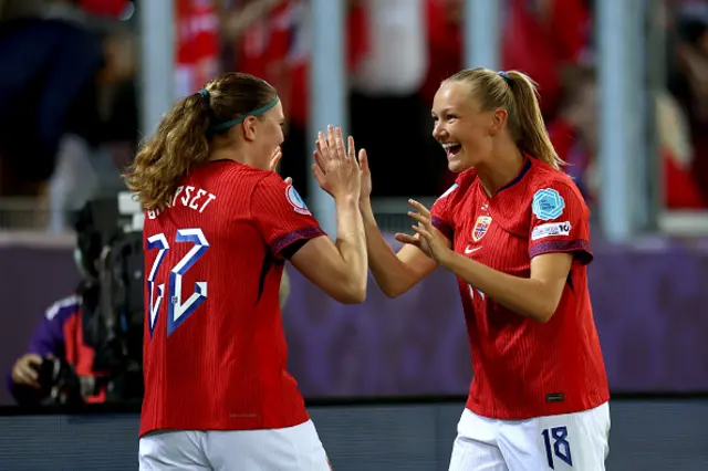 Frida Maanum of Norway celebrates with teammate Signe Gaupset