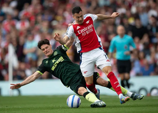 Christian Norgaard tackles Gabriel Martinelli