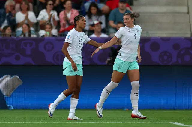 Jane Jonsdottir of Iceland celebrates with teammate Karolina Lea Vilhjalmsdottir