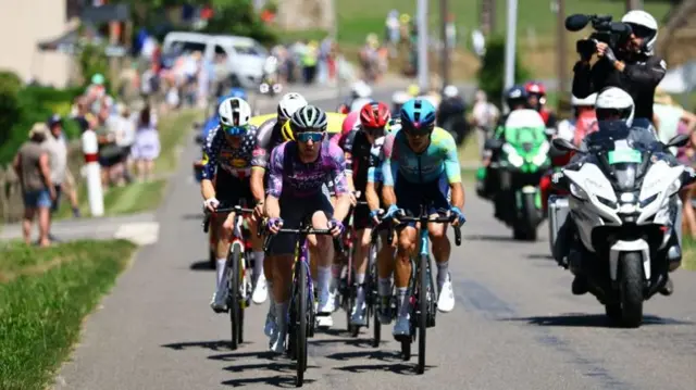 Eddie Dunbar and Harold Tejada lead the breakaway during stage six of the 2025 Tour de France