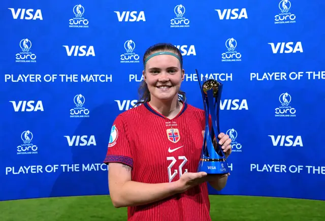 Signe Gaupset holds her player of the match award