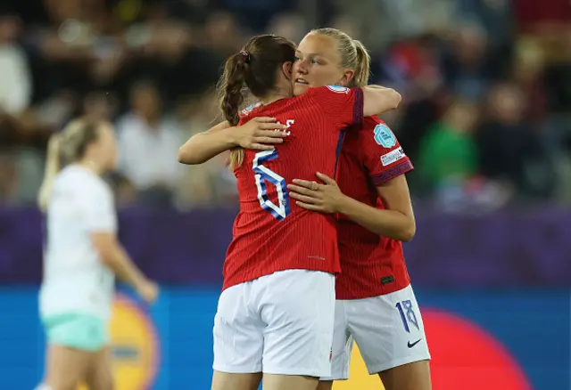 Frida Maanum of Norway celebrates scoring his team's third goal with teammate Maren Mjelde