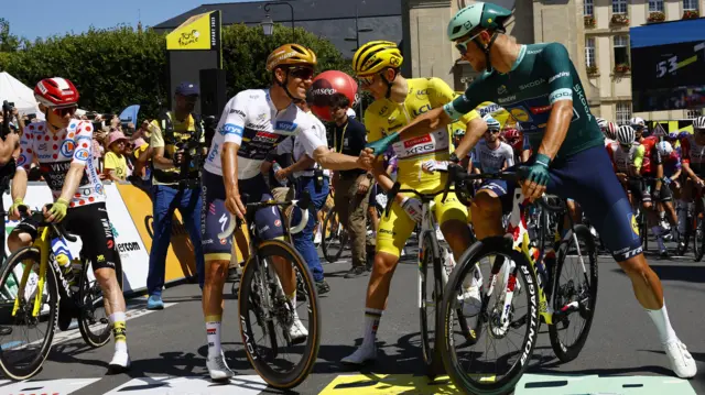 Coloured jersey riders before stage six of the 2025 Tour de France