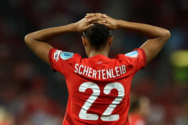 Sydney Schertenleib of Switzerland reacts