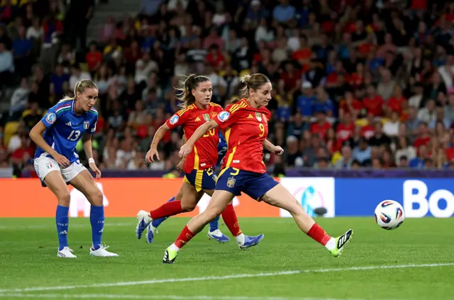 Esther Gonzalez of Spain scores her team's third goal