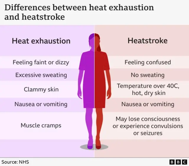 Graphic showing symptoms of heat exhaustion and heatstroke.
