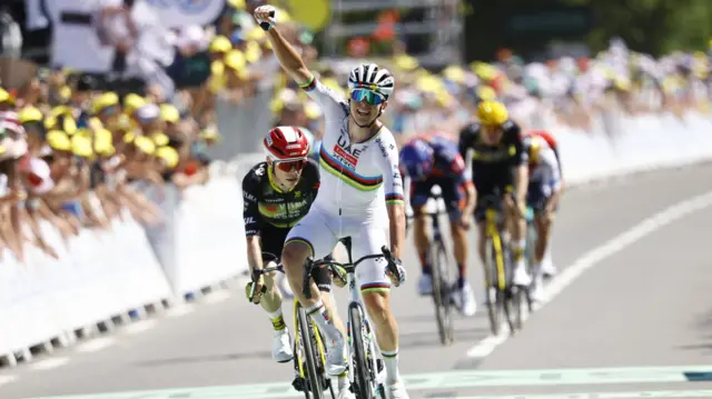 Tadej Pogacar celebrates winning stage seven of the 2025 Tour de France