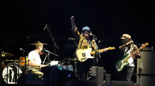 Cast on stage at the Principality Stadium, Cardiff, one of the support acts for Oasis as the band's long-awaited reunion tour kicks off in Wales.