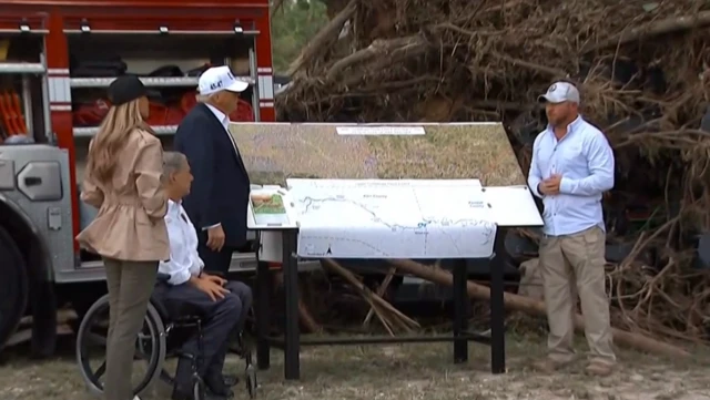 Donald and Melania Trump and Greg Abbott on one side of map with Dalton Rice on the other