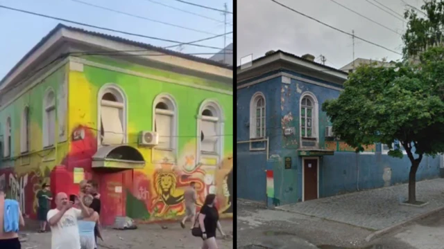 The coffee shop and its mural on the left and the reference image from Google Street view on the right