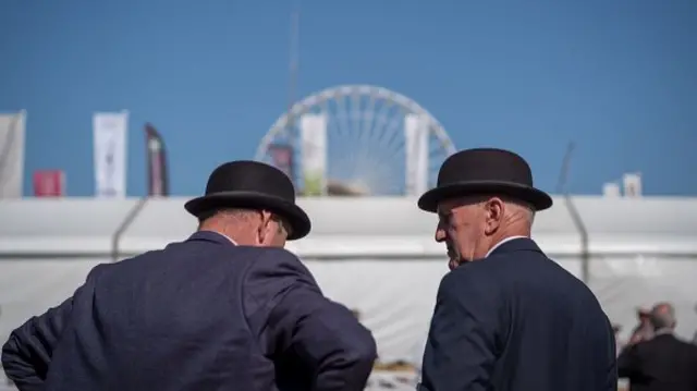 Stewards wearing suits and bowler hats oversee the Beef pairs event on the final day of the 166th Great Yorkshire Show