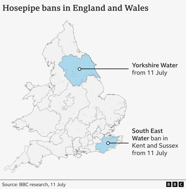 a map of england shows the areas where a hosepipe ban has been announced - marked in light blue are Kent and Sussex, and Yorkshire