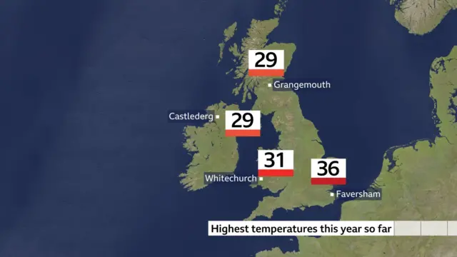 Map shows highest temperatures this year: 29C in Grangemouth, 29C in Castlederg, 31C in Whitechurch, and 36C in Faversham