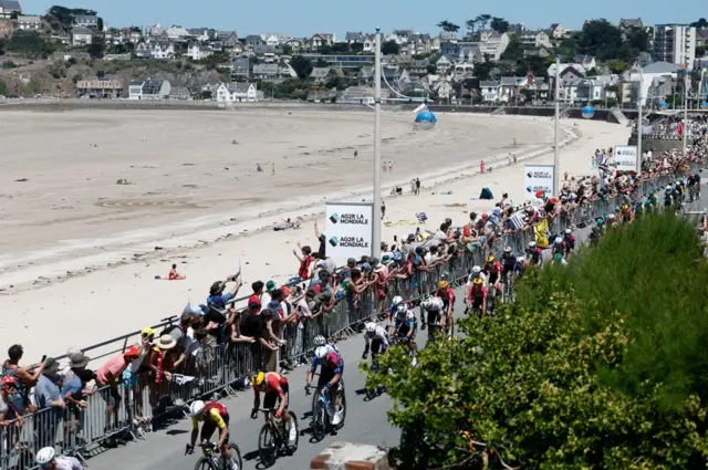 General view of riders at Pleneuf-Val-Andre beach on stage seven of the 2025 Tour de France