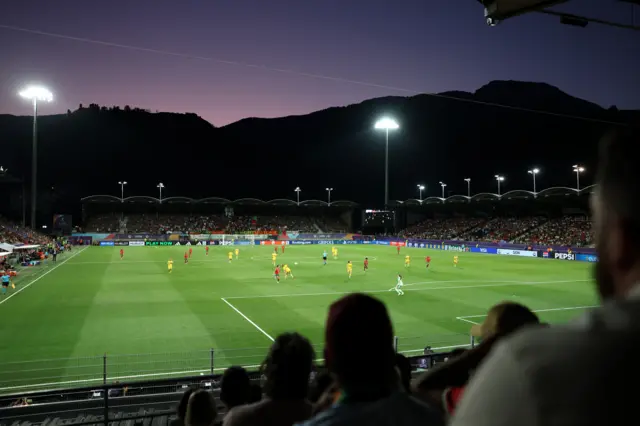 General view inside the stadium, as mountains are seen in the background during the UEFA Women's EURO 2025 Group B match between Portugal and Belgium
