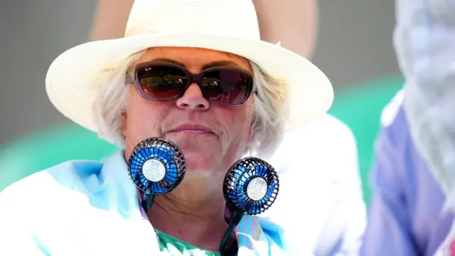 A Tennis watcher with fans around her neck